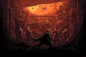 Chirrut Imwe Îmwe Baze Malbus Jedha Stormtroopers TIE Fighters Arte di Star Wars - Foto 1 di 1