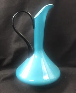 Empoli Turquoise White Cased Glass Ewer / Pitcher Italy Mid Century Modern - Picture 1 of 8