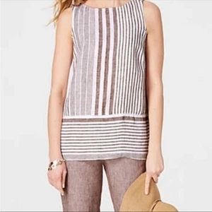 J Jill Love Linen Top Small Petite Sleeveless Blouse Brown White Striped Shirt - Picture 1 of 12