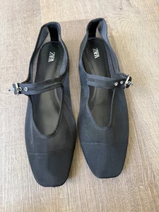 ZARA Mesh Mary Jane Flats Damen 38 schwarz eckige Zehenpartie Ballerinas Riemen minimalistisch - Bild 1 von 11