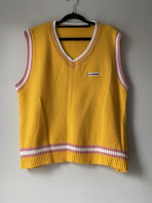 Chaleco tejido Mason Prince talla M amarillo con ribete rosa busto plano 55 cm Foto 1 de 4