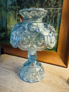 VTG Light BLUE -L.E. SMITH MOON AND STARS FOOTED CANDLE HOLDER 6"w× 9.5"h-3pc - Picture 1 of 13