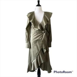 Autograph Wrap Dress Statement Collar Long Sleeve Ruffle UK Sz 6 Olive High Low - Picture 1 of 11