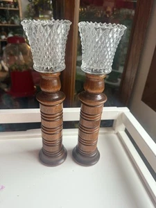 2 Vintage Wood Candle Holder Stick UNIQUE UNSCREWS AND TRANSFORMS ~ Napkin Rings - Picture 1 of 6