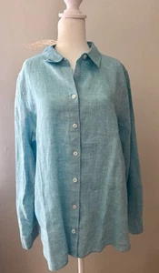 Chico's | No Iron Linen Shirt |W Size 2 (Large)|Turquoise Blue| Roll Tab Sleeves - Picture 1 of 9