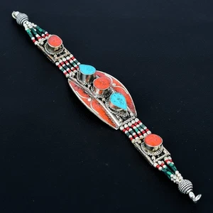 Red Coral Turquoise 925 Sterling Silver Boho Tibetan Nepali Bracelet 7" VJ 3295 - Picture 1 of 5