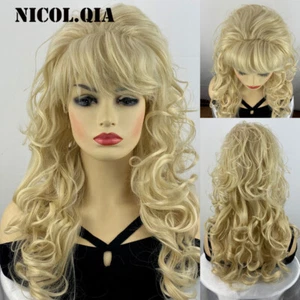 Long Curly Blonde Synthetic Hair Wigs Women Natural Party Wigs With Bangs - Picture 1 of 12