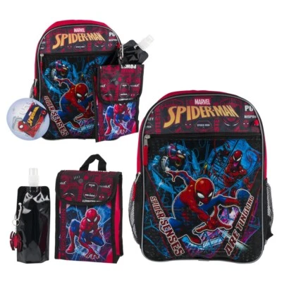 Marvel Spiderman 16" Backpack 5PC Set w Lunch Box Kids Boys Gift School Book Bag - Image 1 of 4