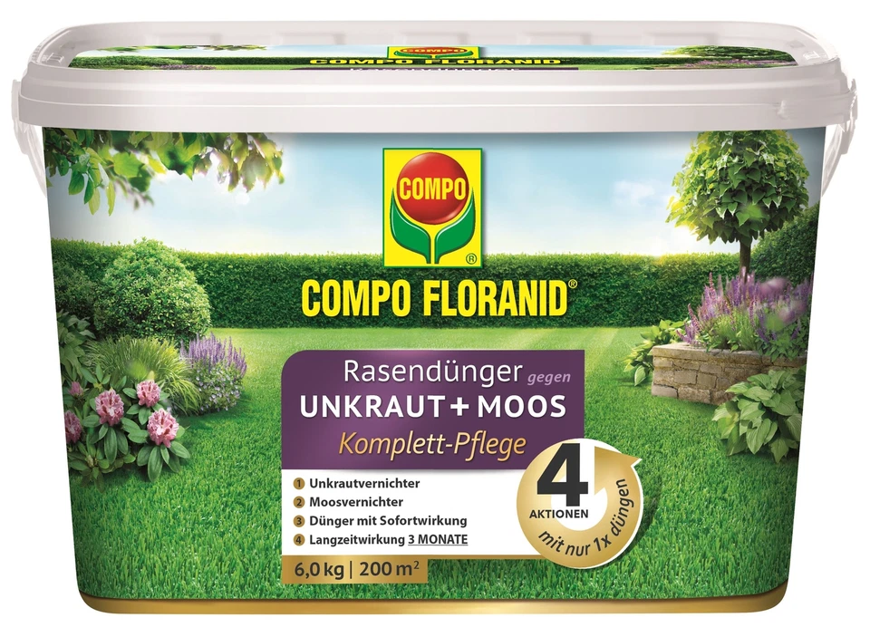 COMPO FLORANID Rasendünger gegen Unkraut - Moos Komplett-Pflege 6kg für 200m² - Bild 1 von 1