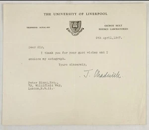 SIR JAMES CHADWICK Neutron original signed Note 1947 Nuclear Manhattan Project - Bild 1 von 5
