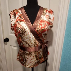 BCBGMAXAZRIA Satin Wrap Top Brown Orange Cream Print Cap Sleeve Size M - Picture 1 of 12