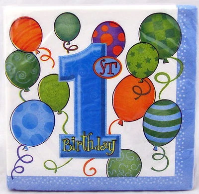 First Birthday Boy Blue Beverage Napkins 10 inch 16 ct Party 1st Balloons Napkin - Image 1 of 3