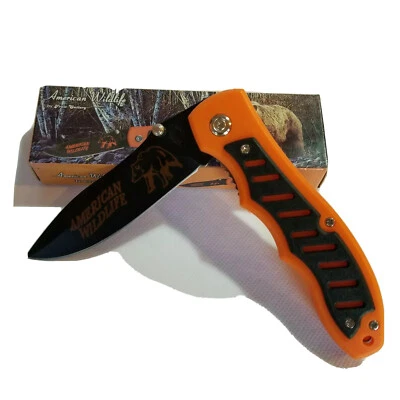 Navaja de Bolsillo American Wildlife Bear Hoja Negra Mango Naranja Cazador de Caza Foto 1 de 4
