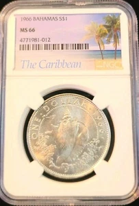 1966 BAHAMAS SILVER 1 DOLLAR CONCH SEASHELL NGC MS 66 FIRST YEAR SCARCE TOP POP - Picture 1 of 4