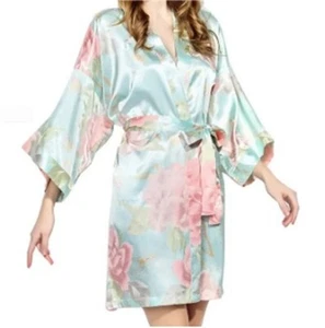 Girls Size Satin Floral Powder Blue Japanese Kimono Pajamas Sleepwear Bathrobe - Picture 1 of 3
