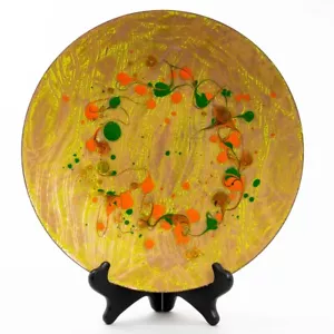 Mid-Century Modernist Copper Enamel Plate Green & Orange Signed "EM" 10-7/8" D - Picture 1 of 5