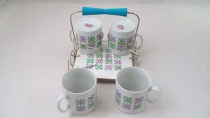 Mid Century Mod Atomic Retro Rossini Japan Purple Green Flower Mugs & Carrier - Picture 1 of 12