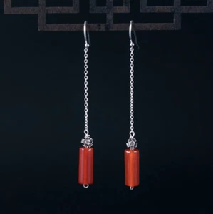 I04 Earring Silver 925 Cylinder From Red Agate An Chain - Imagen 1 de 7