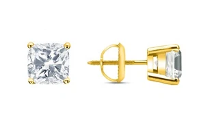 IGI F/VS 3 Ct Cushion Lab Created Grown Diamond Earrings 14K Yellow Gold Screw - Picture 1 of 3