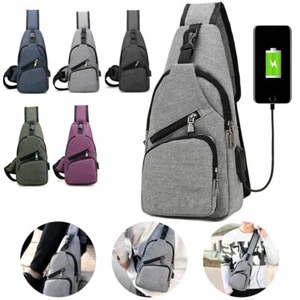 Men Women Sling Chest Bag Nylon CrossBody Shoulder Backpack with Charging Cable - Picture 1 of 17