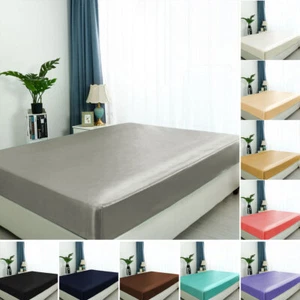 Satin Spannbetttuch, seidig 12" tiefe Taschen Bettlaken weich Luxus - Bild 1 von 18
