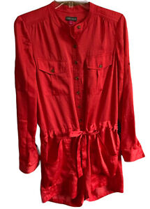 Vince Camuto Red Long Sleeve Short Satin Romper Pockets Roll-tab Sleeve S EUC