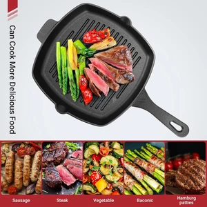 Sartén cuadrada de hierro fundido de 10,5" con tapa de vidrio templado sartenes pesadas para tocino para carne - Imagen 1 de 7