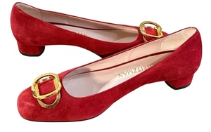 Stuart Weitzman Red Suede Block Heel Pumps Gold Buckle Women’s Size 9.5 - Picture 1 of 6
