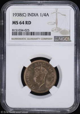 1938-(C) India 1/4 Anna NGC MS 64 RD | Uncirculated UNC BU - Image 1 of 4