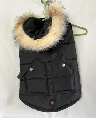 Chaqueta para perro Pajar Barnard grande negra acolchada forrada de lana capucha de piel sintética Foto 1 de 4