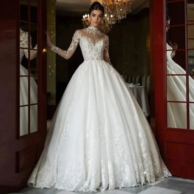 High Neck Lace Wedding Dress Appliques Buttons Back Luxury Chapel Bridal Gowns - Image 1 of 4