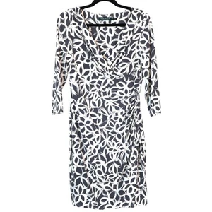 Lauren Ralph Lauren Gray and White Wrap Dress 3/4 Sleeve Ruched Midi 10P Petite - Picture 1 of 7