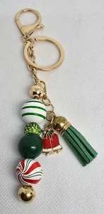 Christmas Holiday Key chain Charm Green Red White Striped Beads Tassel Bell Gift - Picture 1 of 2