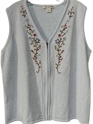 Vintage NWT Allison Daley Sweater Vest 2X Light Blue Floral Embroidery Zip Boho - Image 1 of 4