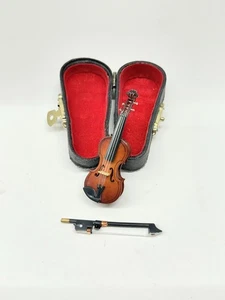 Miniatura violino e archetto legno in custodia 3" casa delle bambole piccolo strumento sala musica - Foto 1 di 7
