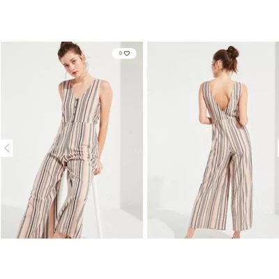 New NWT UO Urban Outfitters Sage Striped Button-Down Jumpsuit Small - Image 1 of 4