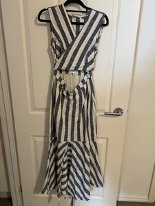 White Closet Maxi Dress Size 10 Blue Beige Stripes Short Sleeves Linen Cotton - Picture 1 of 3