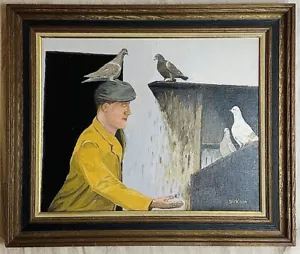 Dipinto olio originale Dave Dickson "Il piccione pianoforte uomo" 21x25" incorniciato - Foto 1 di 14