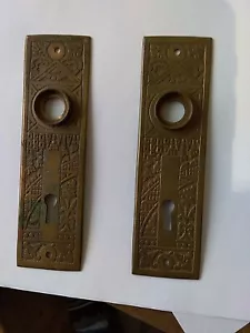 Set Solid Brass Eastlake Antique Door Knob Back Plates 1800's 1 1/2" by 5 1/2' - Picture 1 of 4