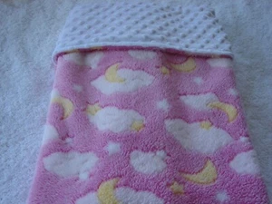 Stars Moon & Clouds Pink Reversible White Minky/Fleece BabyHandmade Blanket - Picture 1 of 4