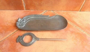 Antiker Jugendstil Zinn Zinn 95% Schreibtisch Briefablage & Öffner mit Lupe - Bild 1 von 9