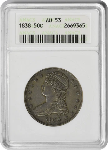 1838 Bust Silver Half Dollar Reeded Edge AU53 ANACS Cover