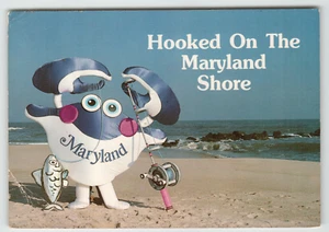 Kontinentale Werbepostkarte Blaue Krabbe mit Angelrute an einer Küste von Maryland - Bild 1 von 2