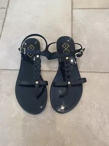 Women's A+ Black Rubber Sandals Size 6 Flats NEW Gold Accents - Picture 1 of 4