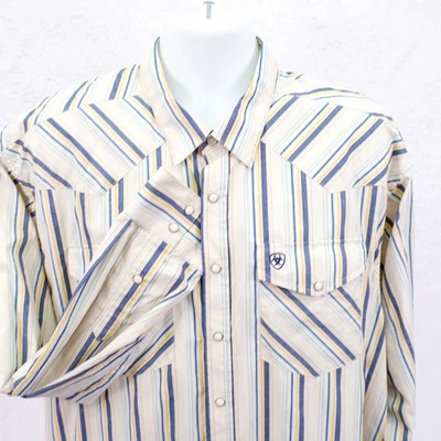 Camisa de Vestir Ariat -2XL- Crema Amarillo Azul Rayas Perla A Presión Cuello Occidental Foto 1 de 4