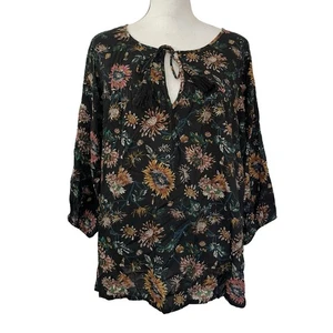 Natural Life Floral Maribel Puff Sleeve Peasant Blouse Top Size L Black Boho - Picture 1 of 8