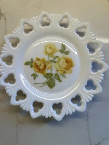 Milk Glass Lace Edge Plate Yellow Roses - Picture 1 of 14