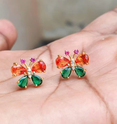 Lab-Created Sapphire & Emerald Butterfly 925 Sterling Silver Handmade Earring - Image 1 of 4