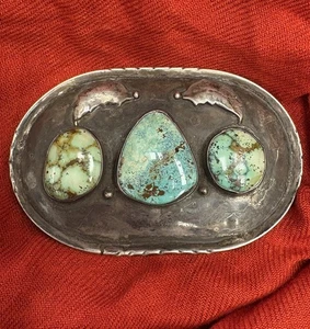 Native Belt Buckle Sterling Turquoise Large Vintage Pawn Silver - Picture 1 of 3