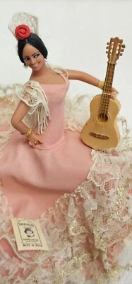Collectible Vtg Marin Chiclana Doll Pink Lace Spanish Flamenco Dancer Guitar Tag - Image 1 of 4